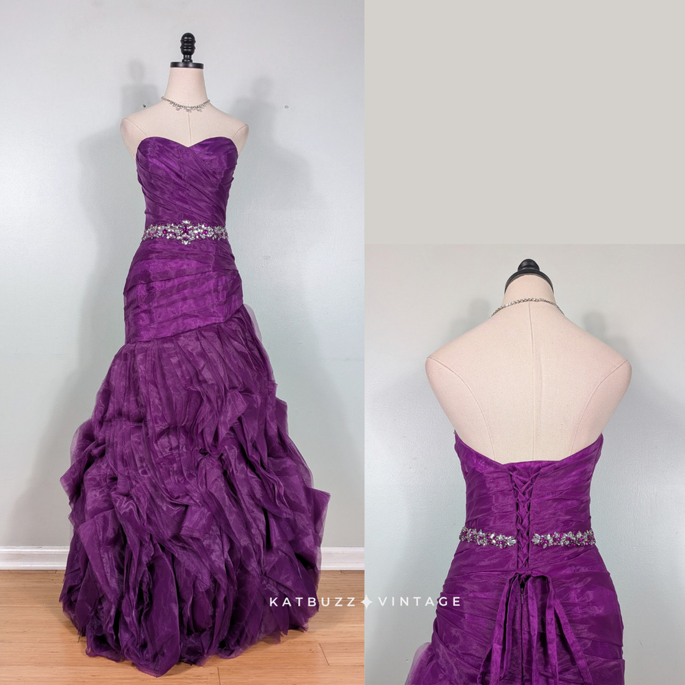 Flirt Prom Dress Maxi Gown 8 Purple Y2K Ruffle Strapless Princess Glam Retro Vtg
